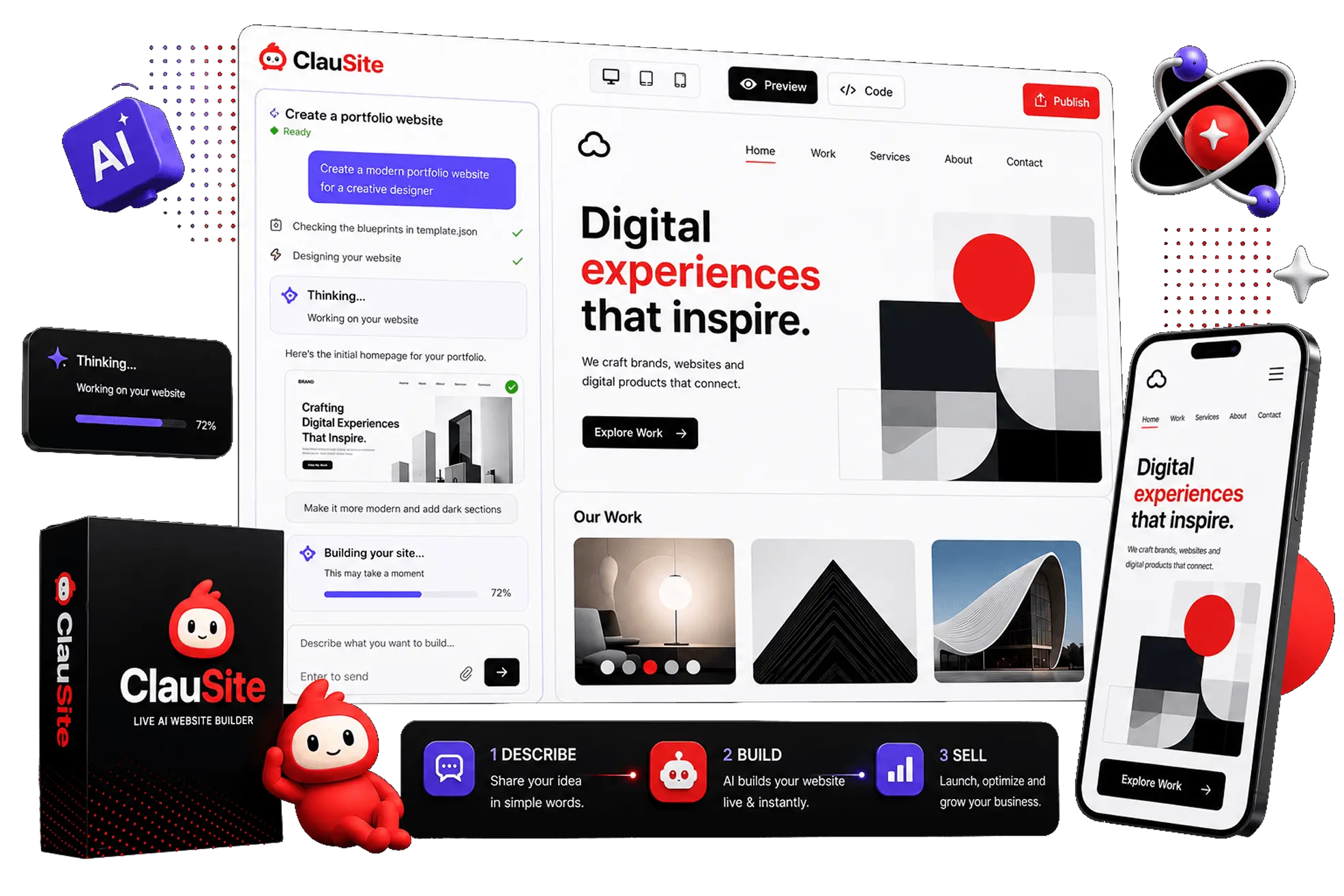 ClauSite LIVE AI website builder software composition, dashboard, mascot, and mobile interface