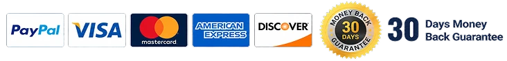 PayPal, Visa, Mastercard, American Express, Discover 30 Days Money Back Guarantee