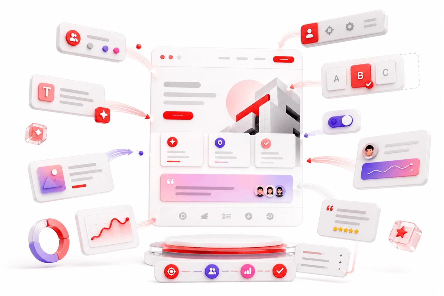 Illustration showing scattered UI elements converting into simple target destination cards